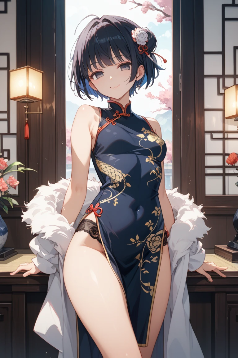 yamashiro (kancolle), 1girl, solo, breasts, looking at viewer, blush, short hair, large breasts, simple background, black hair, hair ornament, red eyes, thighhighs, dress, flower, alternate costume, black thighhighs, hair flower, black dress, garter straps, chinese clothes, floral print, crossed arms, china dress, pelvic curtain
