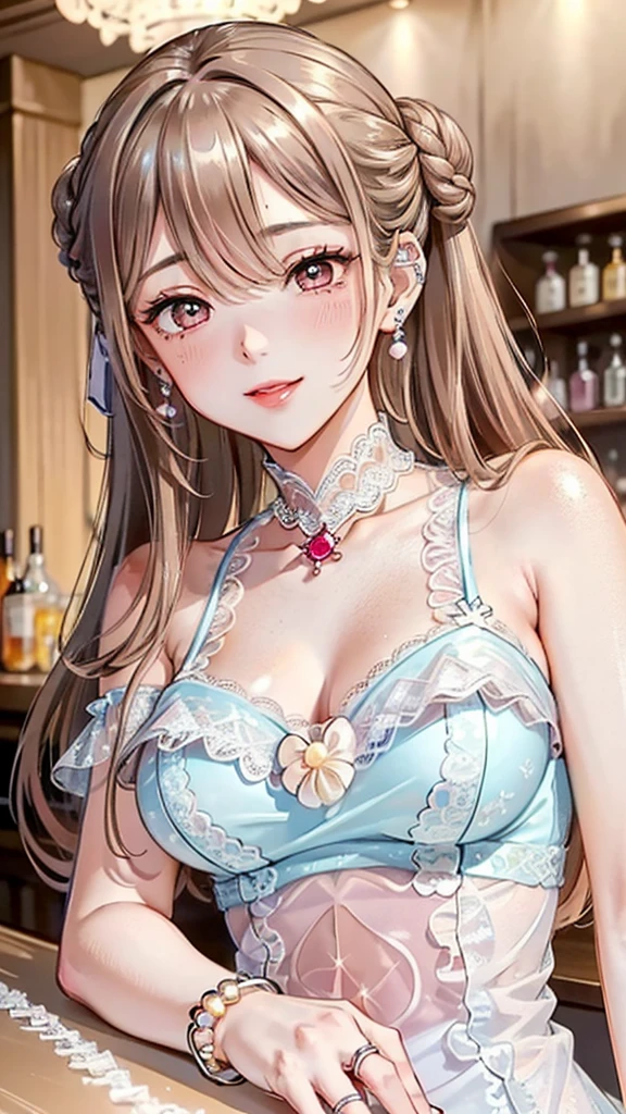 valentine chocolate gifts、realistic、1 girl、cleavage、light brown hair、smile