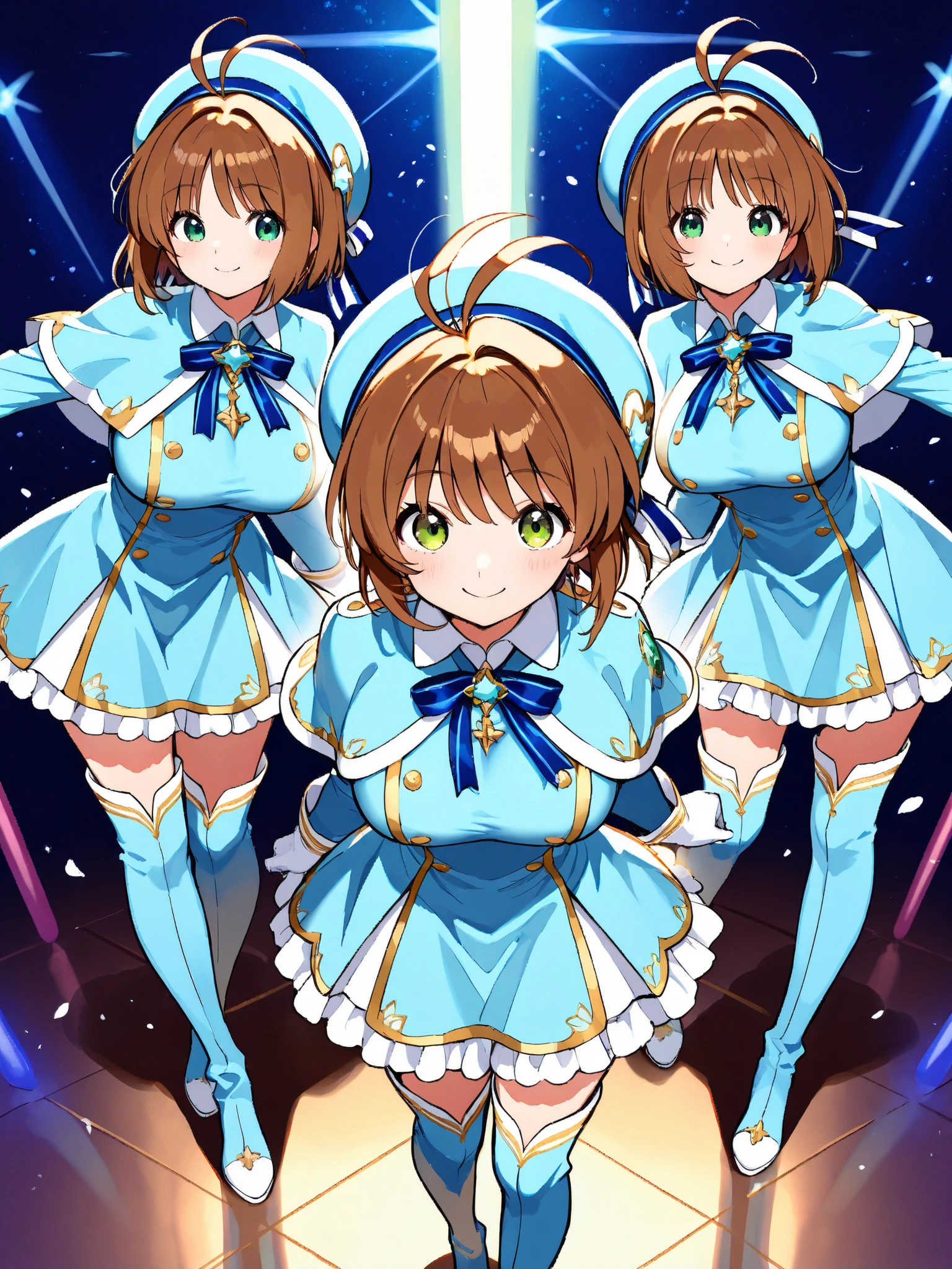 masterpiece, top quality, wacky clothes , Big Breasts、Clone alter ego、brown short hair, antenna hair, Bangs, stupid hair, hair intake , green eyes , Clothes 2 , gloves, light blue headwear , light blue capelets, Light Blue Dress, long sleeve, Light Blue Thigh Boots, blue stripe ribbon, super wide angle field of view depiction, Your smile is super cute,、various angle depictions
