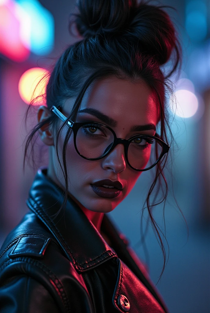 full body photo of Jo_in woman, Close-up photo of a dangerous and mysterious killer, serious expression, long black ponytail, thick black frame glasses, tight bodysuit, night time Raby, (luminous golden eyes:1.2), ((best qualityer)), details Intricate, bright rear lighting, cyan and yellow neon lights in the background, cinematic, cinematographic, medium shot, 4K, Frontlight, cinematic lighting(night time:1.1), (Raby:1.2), highly detailed skin, blood splatters, blood drops washing away in the Raby, cicatriz