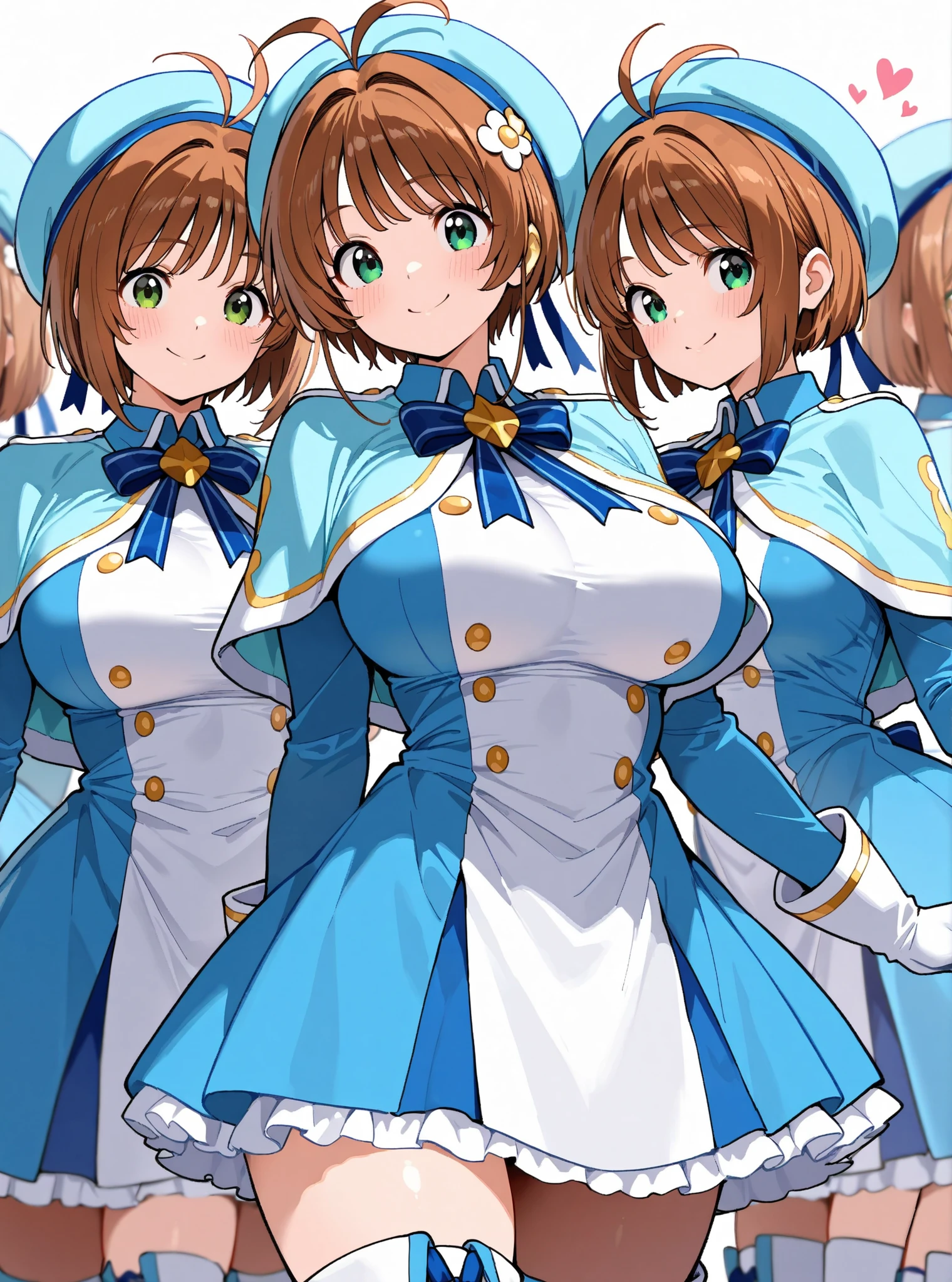 masterpiece, top quality, wacky clothes , Big Breasts、Super Massive Multiplication of Clone Crowds, brown short hair, antenna hair, Bangs, stupid hair, hair intake , green eyes , Clothes 2 , gloves, light blue headwear , light blue capelets, Light Blue Dress, long sleeve, Light Blue Thigh Boots, blue stripe ribbon, super wide angle field of view depiction, Your smile is super cute, Loving and doting clone crowd