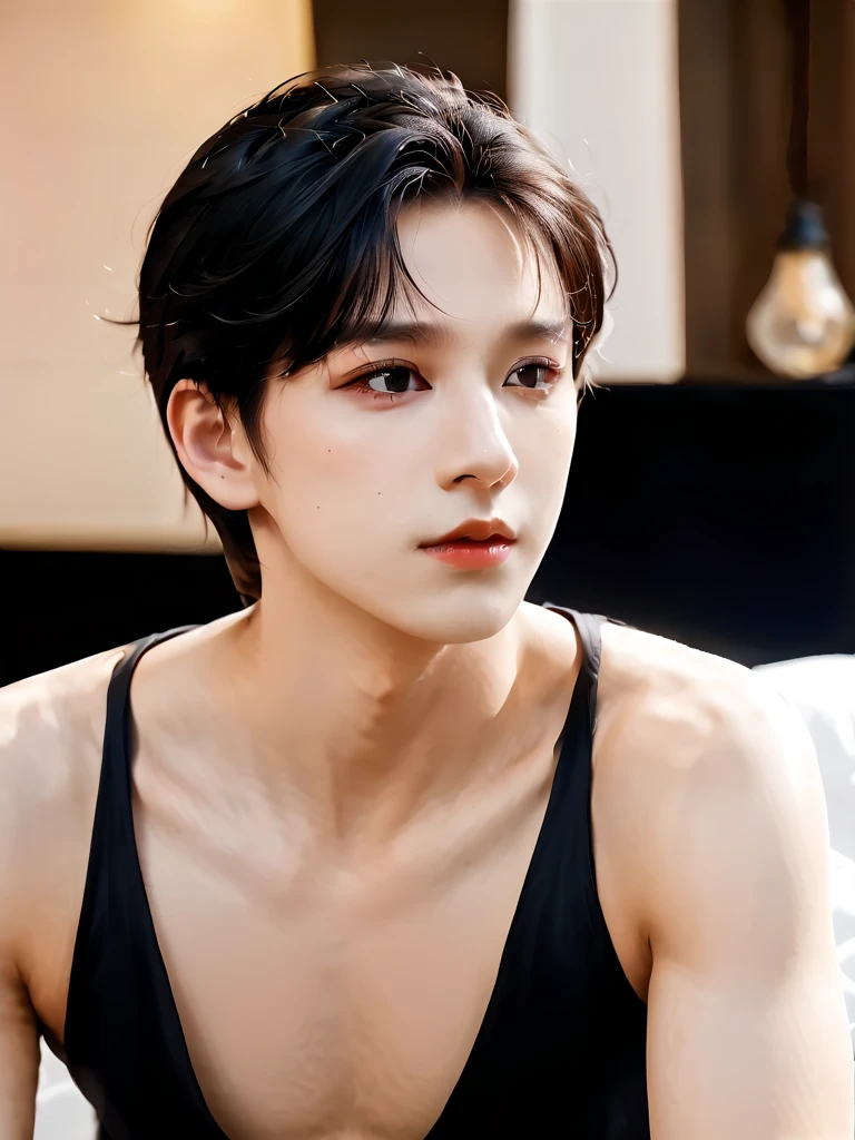 ((melhor qualidade, 8k, obra-prima: 1.3)), 1 korean boy, Jimin, Abs Slim Beleza: 1.3, (messy hairstyle, corpo definido: 1.2), curto: 1.1, Rosto Super Fino, olhos delicados, Double eyelidm
