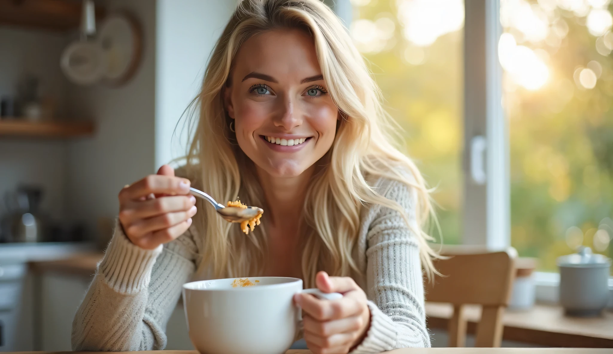23 year old blonde girl with green eyes, athletic body without tattoos, taking a breakfast, in blue pijama, hyper detailed photography, soft light, smiling, full body, hyper realistic