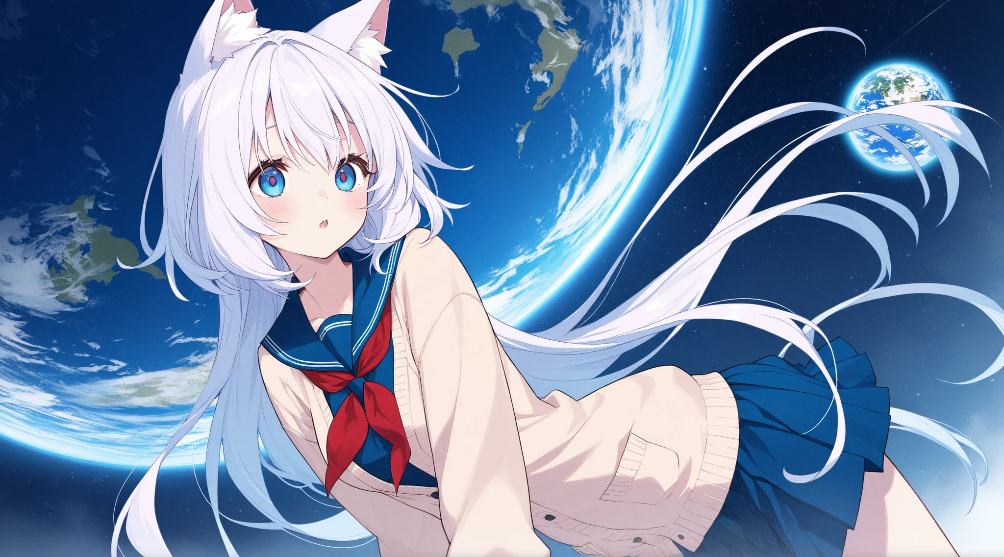 Maurice Sendak, Junaida, Mysterious, strange, surreal, bizarre, fantasy, Sci-fi, Japanese anime, beautiful high school girl in a miniskirt who is good friends with Polar Bear, perfect body, on the crescent moon, detailed masterpiece