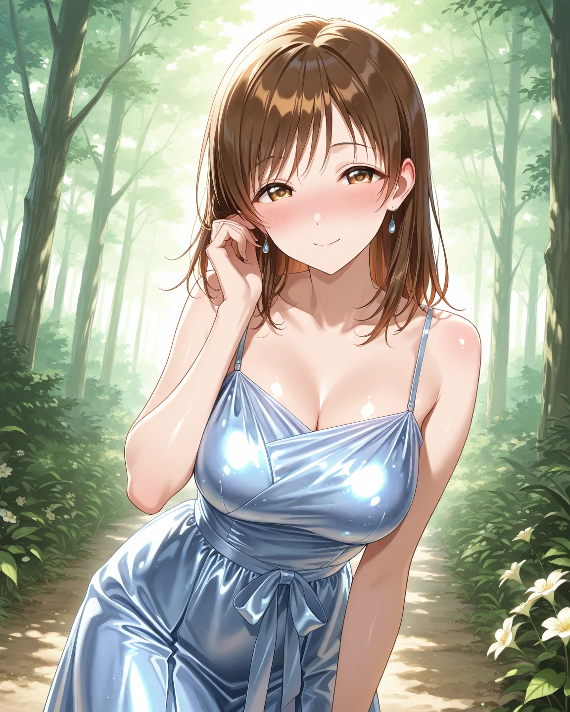nozomitoujou, nozomi toujou, green eyes, brown hair, curly hair, large breasts, masterpiece, best quality, high resolution, beautiful detailed eyes, extremely detailed face, good lighting, detailed CG, nightdress, messy hair, upset, crying, (quicksand:1.3)