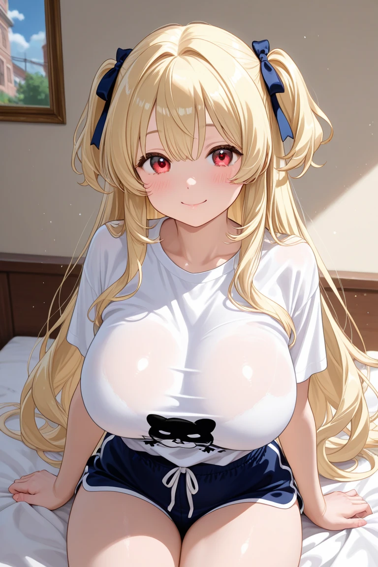 ricca morizono .blue eyes, blonde hair, blush, hair ornament, long hair, two side up,, large breasts, live stage, solo nsfw naked