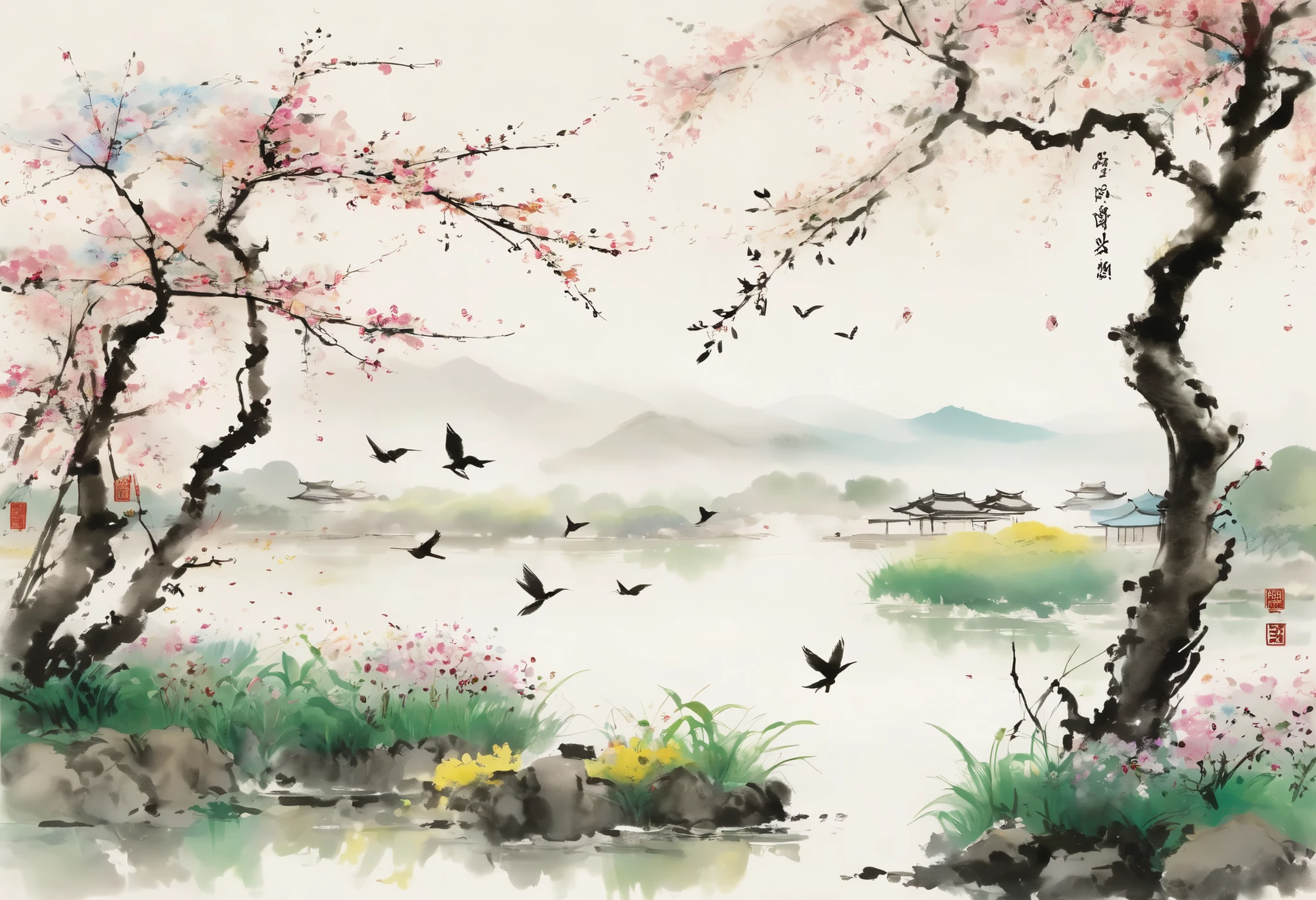 Peaceful Spring Sleep , Never Dawn . Anywhere, Sweet Singing of Birds Fill the Air . Scattered Flowers Resonate Faintly at Night , Leaves Traces of Passing . Scattered Flowers Cover the Ground , Proof of countless scattered flowers . dreamy scene through the countryside, Capturing the Beauty and Serenity of Spring , Imitate Wu Guanzhong's brushwork and aesthetics , Emphasizes the simplicity and elegance of ink painting.