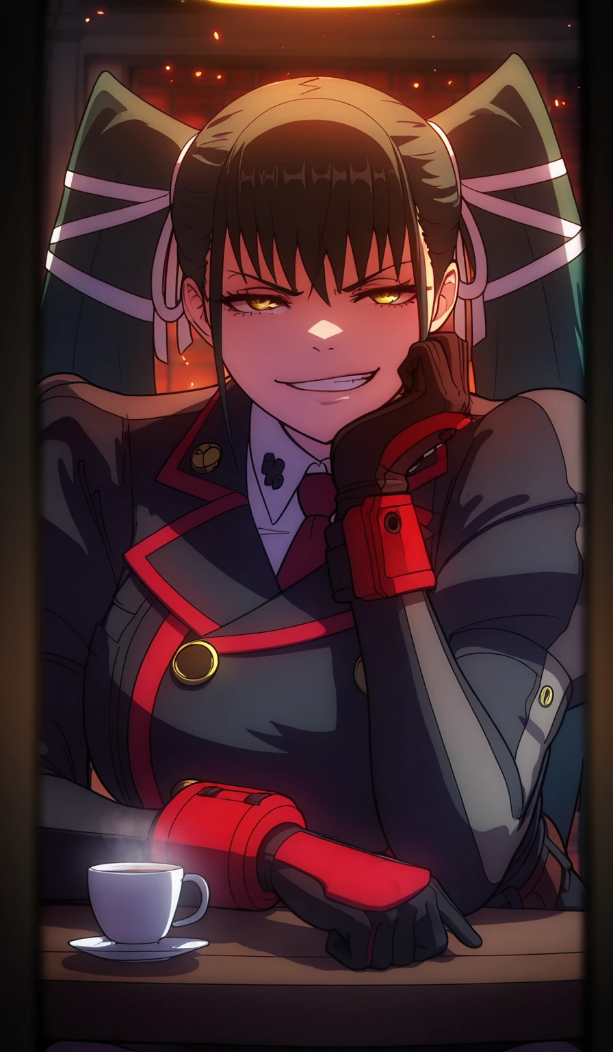 ggstduel, (minami_koyogi-style:1.4), (jam-orbital-style:0.8), ((anatomical correct)), ((embers)), ((Cinematic, unreal engine, eye-catching, ambient occlusion, UHD, masterpiece)), ((perfect lighting)), perfect body, perfect eyes, perfect fingers, gasping, heavy breathing, gasping profusely, ((skindentation)), ((curvy)), mato seihei no slave, azuma yachiho, long hair, bangs, black hair, bow, twintails, yellow eyes, hair bow, green hair, plump, hearts, pleasured, clenched teeth, elbow gloves, head rest, table, cup, head rest, gloves, necktie, bokeh, sitting, bars, half-closed eyes, shaded face, smirk, black gloves, elbow gloves