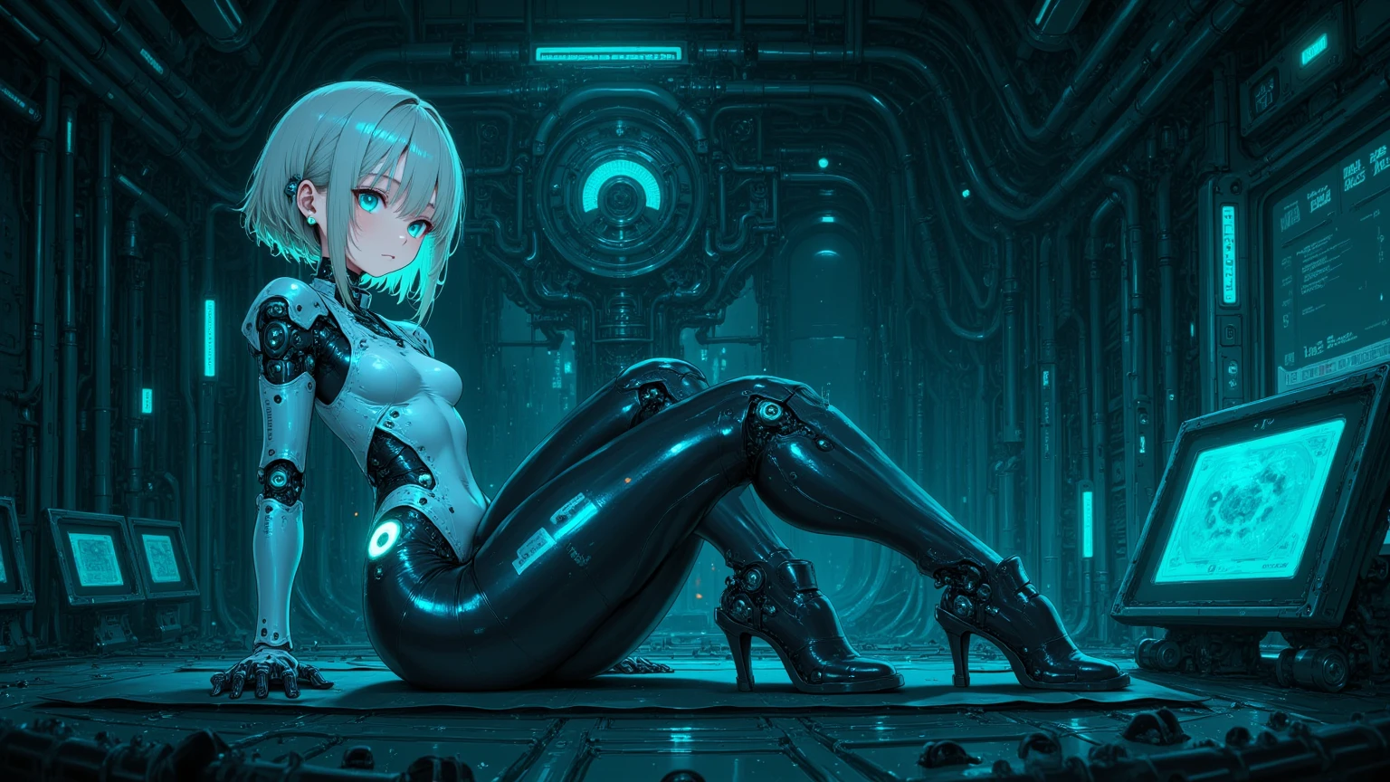 1girl, android, cybernetic limbs, sitting, back facing viewer, looking over shoulder, short silver hair, glowing spine implant, tight pilot suit, dimly lit hangar, computer screens, cables, bluish lighting, moody ambiance, detailed background, highres
,,,,, android, mecha body,rgb shift, depth of field,solo, cyborg,
