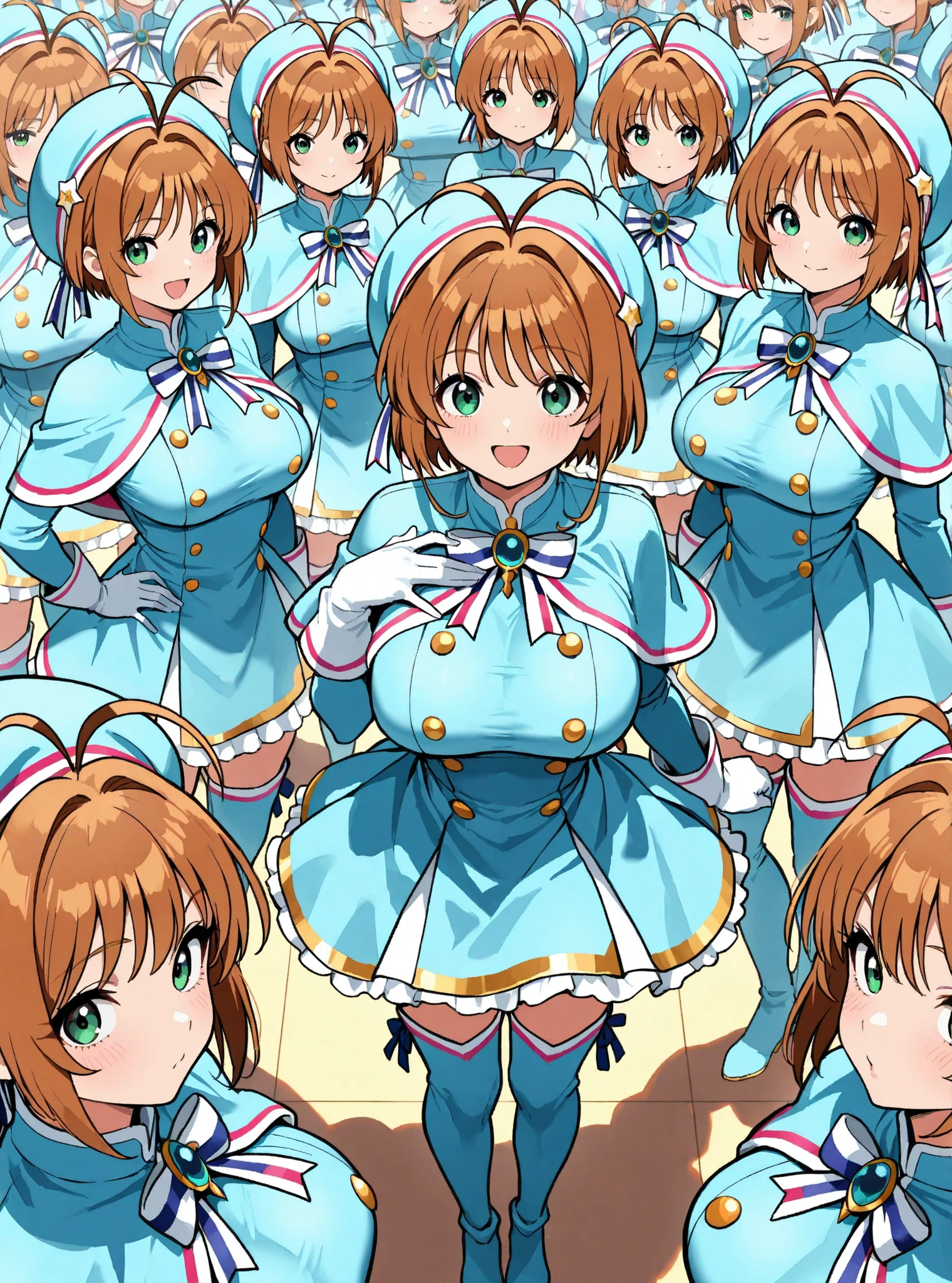masterpiece, Highest Quality, wacky clothes , Big Breasts、Clone Mass Multiplication, Clone Super Crowd, brown short hair, antenna hair, Bangs, stupid hair, hair intake , green eyes , Clothes 2 , gloves, light blue headwear , light blue capelets, Light Blue Dress, long sleeve, Light Blue Thigh Boots, stripe ribbon, very detailed and accurate1Point perspective drawing、Ultra-wide field of view、super wide-angle view、various angle depictions、