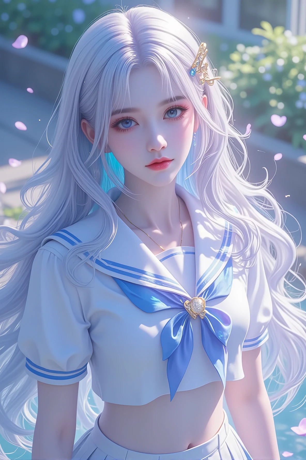 Voluptuous woman, beautiful handsome woman, beautiful detailed eyes, aqua eyes, glossy lips, gorgeous woman, pale skin, (voluminous hair, parted bangs), flowing hair, gothic, long hair, hair clip, platinum hair with Gold highlight, light hair, multicolored hair, colored inner hair, (full details sailor school uniform), white cropped shirt, bow tie, blue trim, short pleated skirt, iridescent, aura, Petals, makeup, extremely busty, medium-breasts, thicc body, chubby body, school garden, blush, cold gaze, standing, shiny, from above, blue nails 
