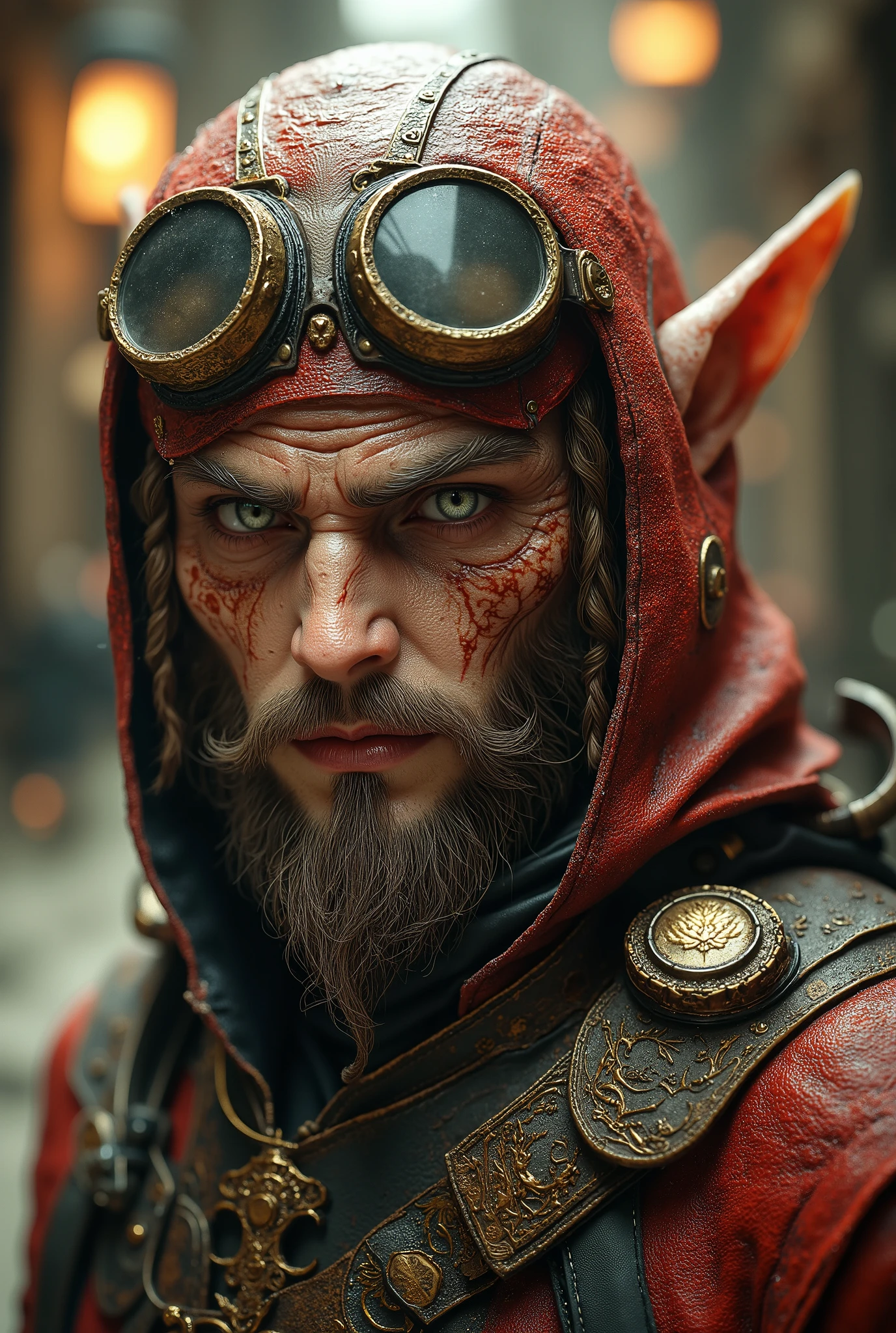(masterpiece, best quality), a short plump dwarf with no hair, with two-braided beard, dressed in steampunk style, wears airplane pilot goggles, clothes adorned with intricate ornaments, dynamically and sensually. The background of this image is collide with postapocalyptical industrial style and steampunk artifacts, epic.