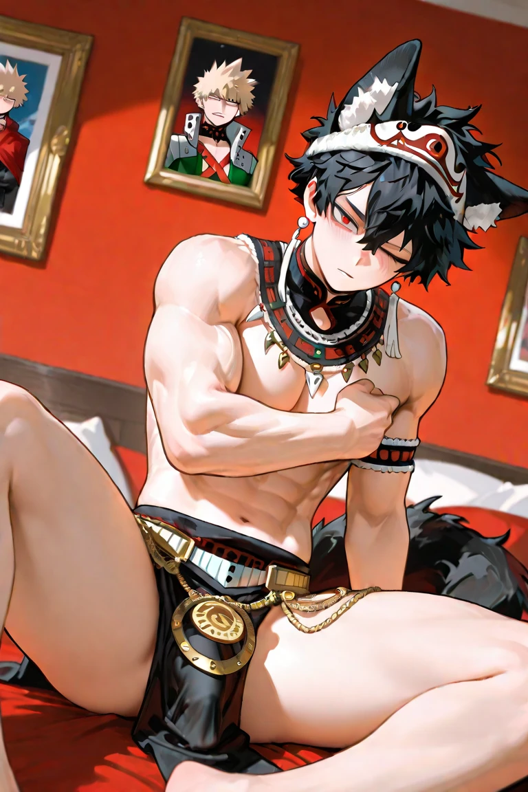 furry, wolf, muscular male, male, wolf ear, tail, long hair, shirtless, wearing jeans, looking at viewer, smiling