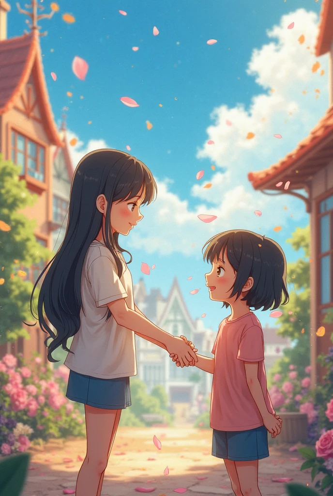 (realistic,photorealistic:1.37), vibrant colors, soft lighting, oil painting style, lush garden, blooming flowers, gentle breeze, sunny day, happy expressions, playful interaction, subtle shadows, fine brushstrokes, rich textures, naturalistic poses, harmonious composition.