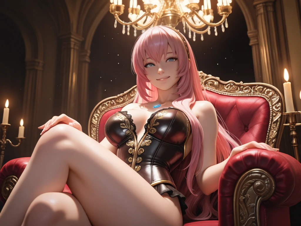 1 female Lady Smiling Kindly Pink Dress Headband Big Breasts stockings Sitting on the throne