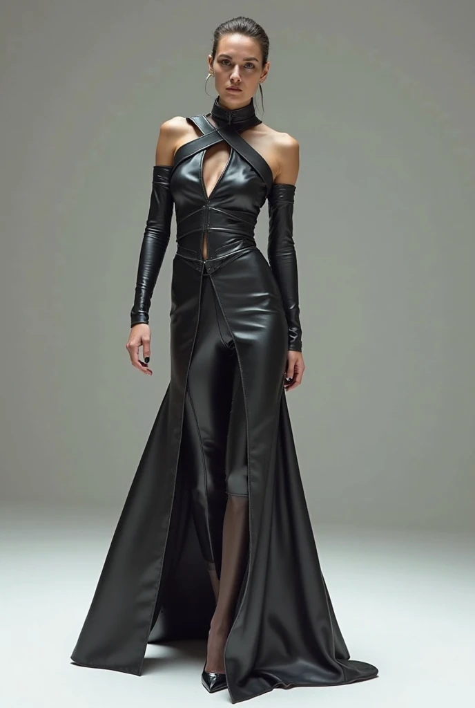 Best Quality, 8K, 32K, master piece ,ultra detailed,short bob Hair , hair color is blonde,Wave hair , 27 years old ,full body(full body:1.3),black leather maxi dress(black leather maxi dress:1.4),smiling,indoor,