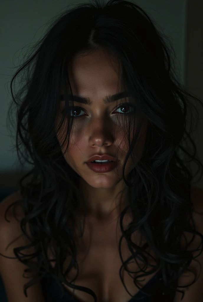 a disgusted 18 year old girl kneeling on a bed, extremely detailed face and eyes, beautiful detailed lips, extremely detailed skin, beautiful long hair, dramatic lighting, cinematic composition, dark moody colors, dramatic shadows, high quality, 8k, ultra-detailed, realistic, photorealistic, photo-realistic