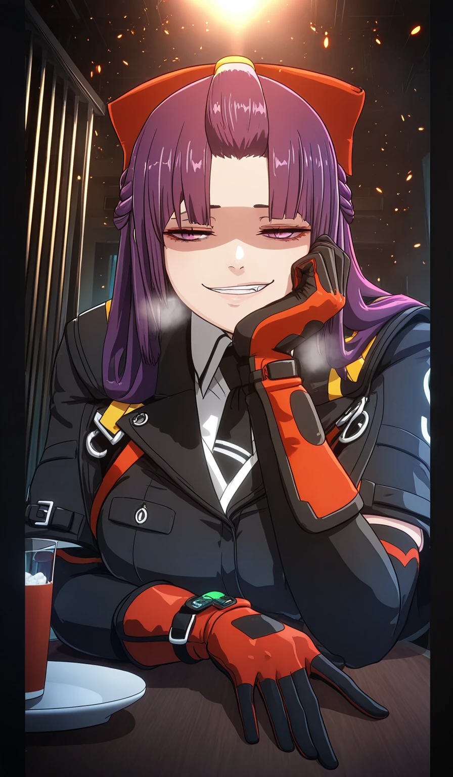 ggstduel, (minami_koyogi-style:1.4), (alecto_0-style:0.8), ((anatomical correct)), ((embers)), ((Cinematic, unreal engine, eye-catching, ambient occlusion, UHD, masterpiece)), ((perfect lighting, dim lighting)), perfect body, perfect eyes, perfect fingers, gasping, heavy breathing, gasping profusely, ((skindentation)), ((curvy)), SHIKOKU_(MATO_SEIHEI_NO_SLAVE), purple hair, purple eyes, slit pupils, long hair, hair bow, red bow, parted bangs, ribbon trim, half updo hair, bangs_pinned_back, straight hair, ((medium breasts)), plump, hearts, pleasured, clenched teeth, elbow gloves, head rest, table, cup, head rest, gloves, necktie, bokeh, sitting, bars, half-closed eyes, shaded face, smirk, black gloves, elbow gloves