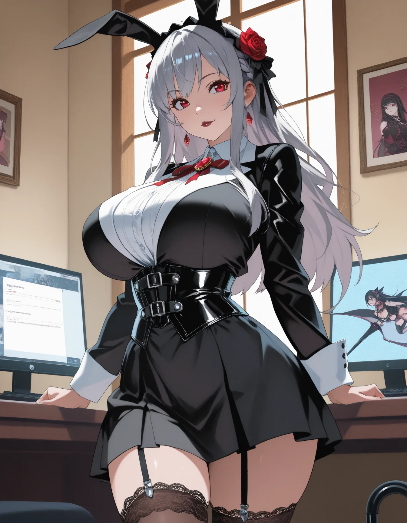 masterpiece , best quality , 1 sexy girl , (1 goose:1.2) , lab coat, doctor's white robe , (covered nipples:0.9) , (gigantic tits:1.2) , (thick arm:1.1) , thick thigh , gigantic hip , (white hair:1.1) , (plump:1.1) , surrounded by sci-fi machinery and monitor , (black glasses:1.1) , (evil smile:1.1) , (holding red crystal:1.2) ,