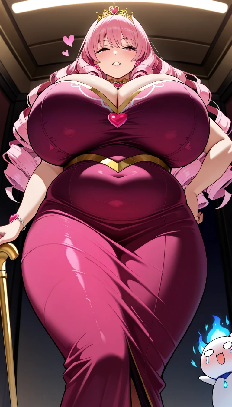 venusbody,1girl,solo,hourglass body, (thin waist:1.3),(huge breasts:1.1),wide hips,MILF, mommy, (cleavage:1.3), nsfw, detailed face, detailed robes, huge nipples bulging in robes, detailed hairstyle, big lips, plump lips, cleric, pantyhose, elbow gloves, pink hair, (cross)