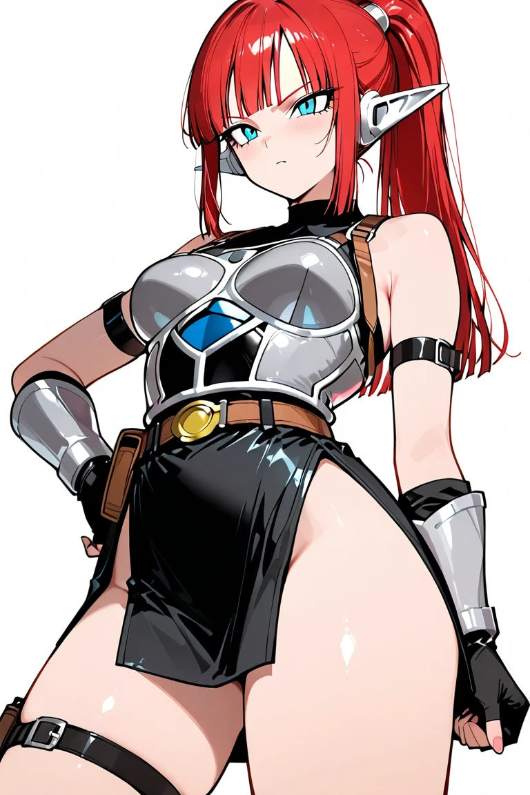 "(masterpiece:1.1), best quality, 
1girl, (80s anime style:1.4), (eyelashes:1.5),
(intricate high detailed body:1.2), 
red hair, 
(forehead, hair slicked back:1.2), (very short hair, pixie cut:1.1), (holy hat:1.2), 
blue eyes, 
(dark skin:1.3), (gigantic breasts:1.3),
expressionless, open mouth,
(see-through leotard armor, underboob cutout:1.2), 
(knight armor, armored boots:1.2), (mini skirt:1.1), (accessories:1.1), gauntlets, 
standing, peace,
(cowboy shot:1.1), 
(simple white background:1.2)"