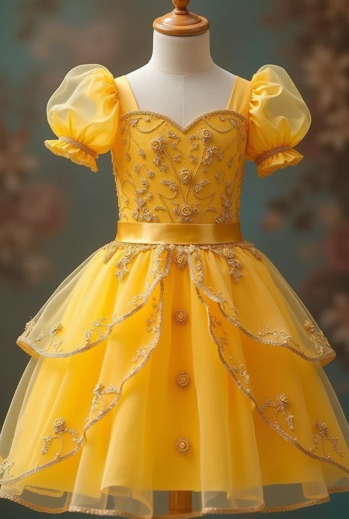 (Best Quality, Masterpiece: 1.1), (Realistic: 1.7), 1 Kids, One Girl, Pretty, 7 Years Old, Smiling, (Blonde: 1.3), (Yellow: 1.5), (French: 1.6), Ruffles, Fluffy Skirt, Ruffles, Embroidery, Sitting, Sideways, Hair Up, Bouquet
