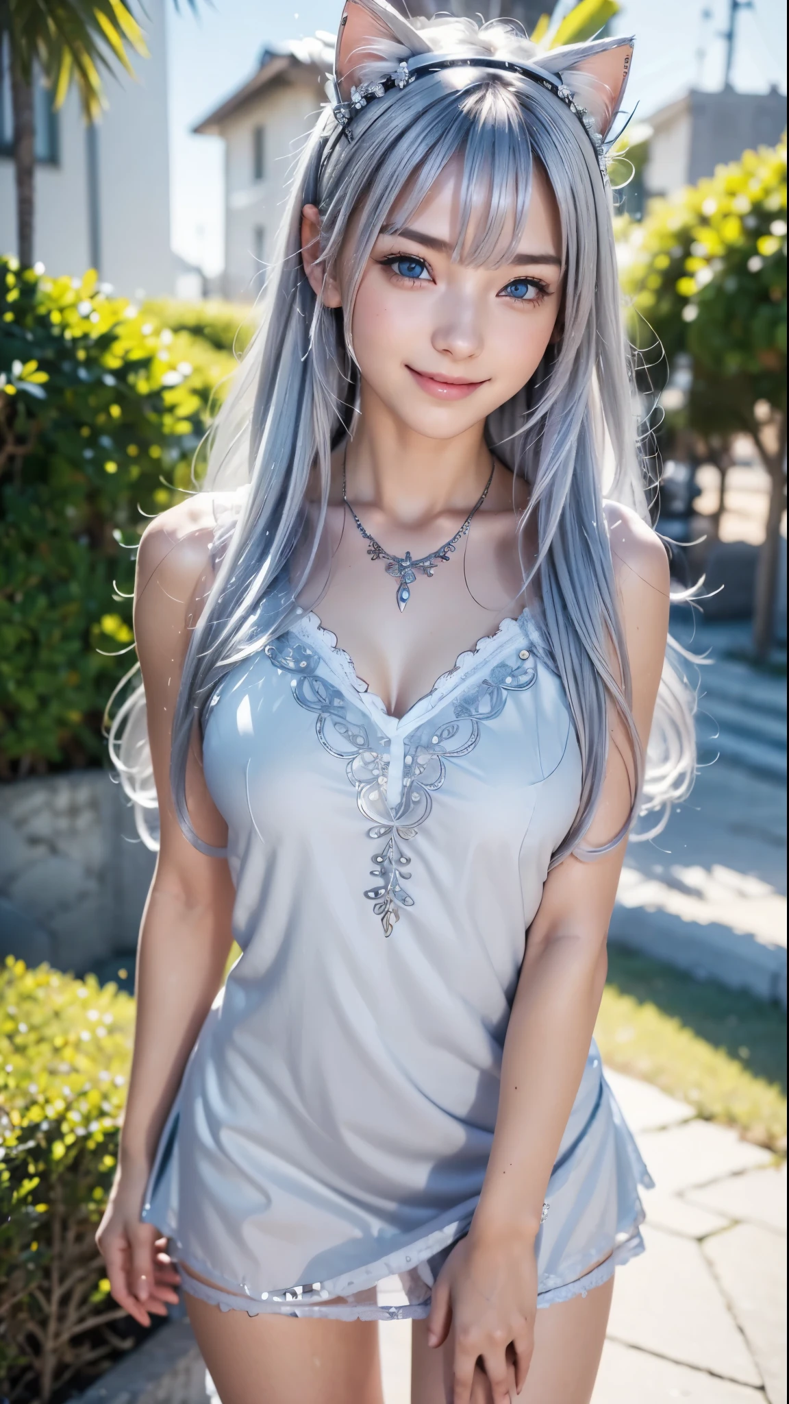 (masterpiece:1.3), (8k、Photorealistic, RAW photos , Highest Quality:1.4), (1 girl on break day), (solo), ( beautiful silver hairのスカンジナビアの女の子), (非常に美しくattractive女性, beautiful silver hair、dark blue eyes, strong eye highlights ), (cute, little:1.5), (very pretty face:1.5), ( beautiful face with perfect symmetry:1.2), (cute face:1.5), ( nice smiles :1.2), (perfect anatomy), ( High Detail Skin : 1.2), (Natural Breasts), (beautiful thighs), (dark blue eyes), (beautiful silver hairボブカット), with crossed bangs, Asymmetric Bang, lip gloss, (Accurate Arm, five fingers, Accurate legs), (Detailed white dress , miniskirt:1.2), ( beautiful silver haired Scandinavian girl ., beautiful face with silver embroidery ), (Silver decorative headband, necklace), (Stylish High Heels), attractive, Ultra High Definition, super real, Very Detailed, golden ratio, photorealistic anime girl renderings, realistic anime 3D style, look at people watching, Coastal resort in summer, Beautiful sea and flower background, ((beautiful smile)), (Cat ears)
