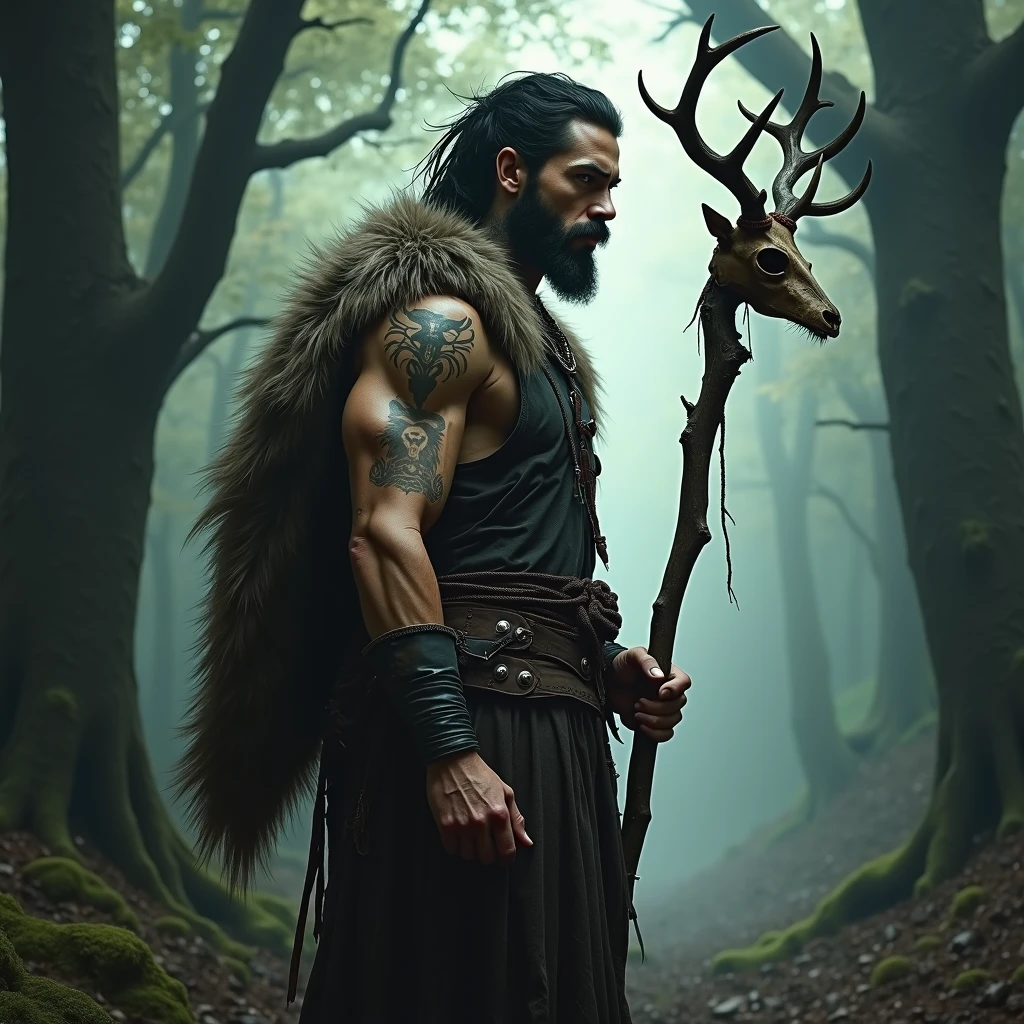 Masterpiece, HDR, UHD, Solo,male, Satyr, Faun, horns, (hooves:1.3), big muscle, fur pelt, flowers, goat <lora:Satyr:0.5> dark forest, deep wood <lora:lowra_v10:0.5> <lora:FilmgirlLora_v30:0.2>