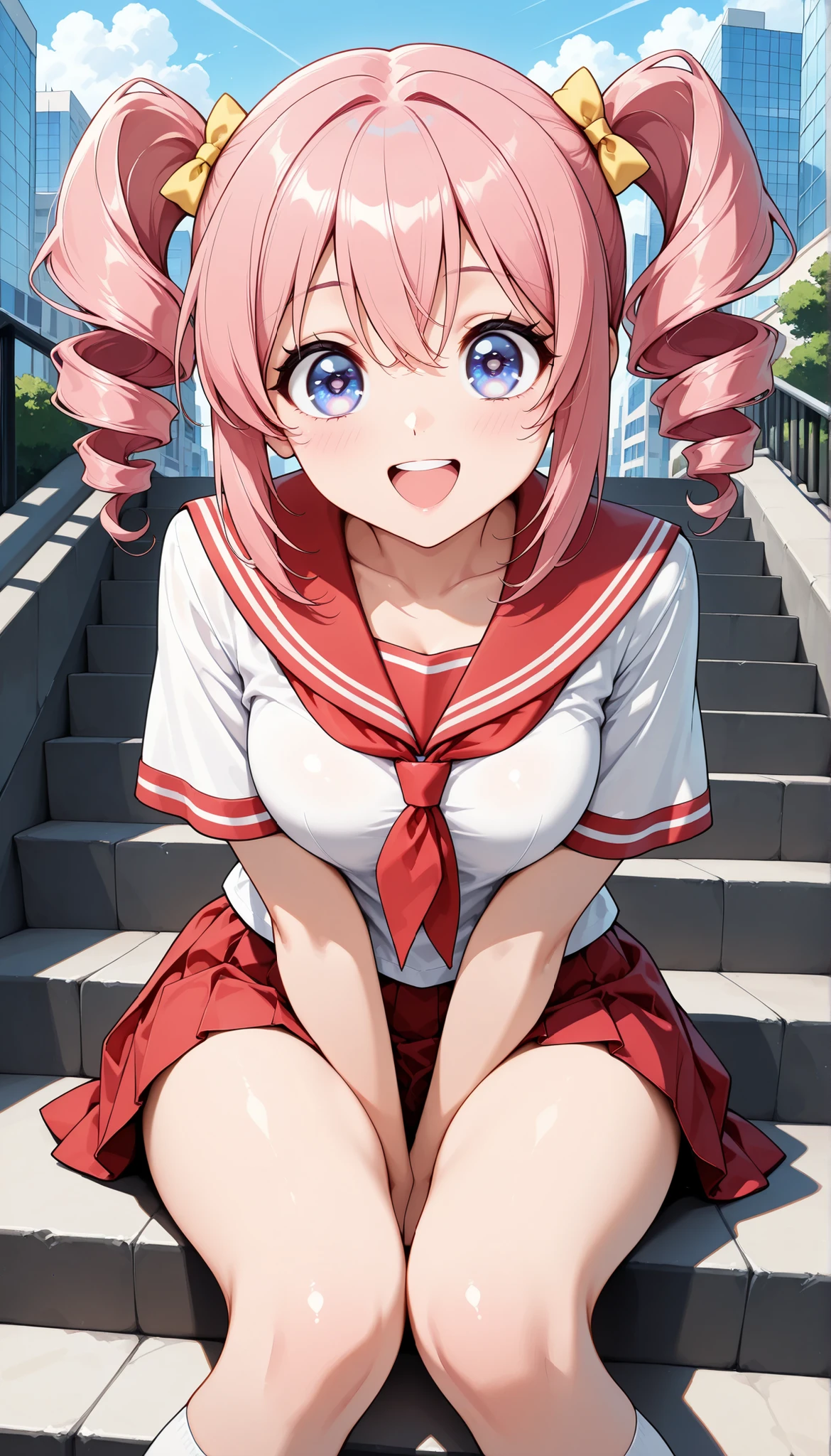 1 female, Miho Nakano, (big eyes), (Xiaoyan), (High Detail Skin:1.2), sexy faces, Glamorous Expression, Beautiful appearance, pink hair, twin drill, (comic style eyes , laugh, droopy eyes), JK, red sailor suit:1.2, pleated skirt, miniskirt, (City, The Road, is narrow), sit on stairs, (Highest Quality, Very Detailed, CG illustration, masterpiece:1.2, Best Aesthetics).