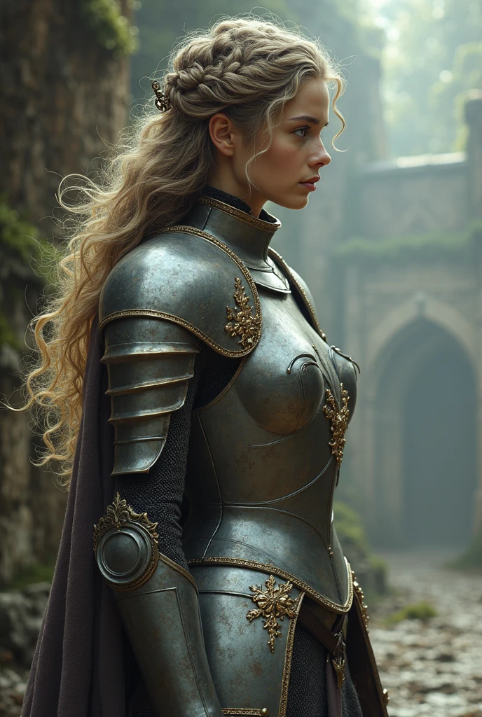 Woman wearing silver armor with chainmail underneath , greeneyes , calm countenance .