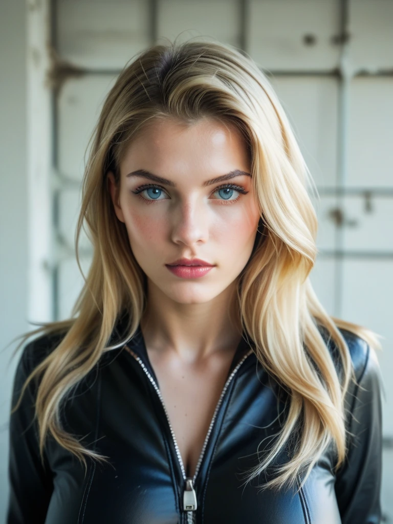 portrait photo, beautiful blonde girl, beautiful girl, very detailed features, pretty girl, detailed eyes, looking ahead, beautiful blonde girl, detailed face, Whole body, black jacket, black clothes, elegant, ropa elegant, beautiful girl