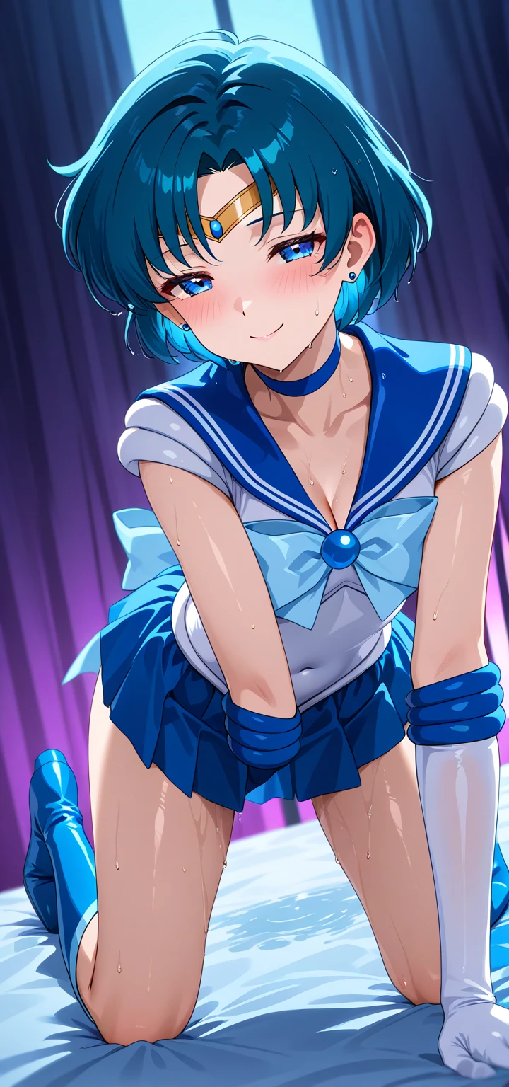 Sailor Mercury Transformation heroine of justice Enameled White Leotard Enamel Blue Boots Wrinkled boots Enamel White Gloves Enamel Blue Mini Skirt Neat and clean image Gold decoration Costumes with fancy decorations justice poneyTail semi long hair hair adornments A smile with shame Squinting eyes Jockey Boots thrust out one's hip Open your legs Poop sitting Full body painting Put your hand on your crotch Underarm is visible Long boots below the knee Raw feet Soaking a large amount of white slime The body is covered with white slime Open your crotch bend knee お漏らし White slime overflowing from the crotch full of sweat Leotards are wet and skin visible sodden In a dark cave The surroundings are full of white slime, Turbid liquid White slime on boots White slime all over the floor White slime drips from above