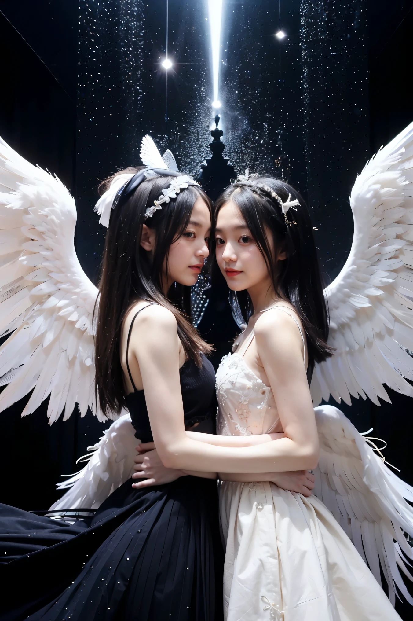Two angels falling from the sky, one has black wings and the other has white wings, they are wearing a transparent white velvet, they have autumn ornaments on their heads