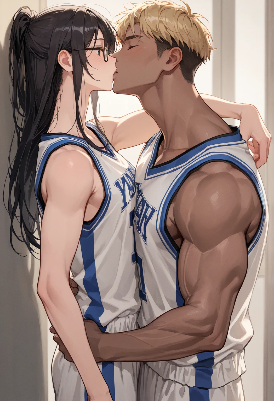 score_9, score_8_up,source_anime,rating_explicit,seductive,(flat anime:1.1),from behind, (masterpiece, best quality:1.2), extremely detailed, detailed hair, intricate details, finely detailed, closed eyes, (1 cute girl,1 nude boy),(hetero:1.1),black hair,(carrying sex), kissing,beautiful eyes, facing partner,skinny ass,cheerleader, white outfit,(white cheerleader outfit, white cheerleader uniform, crop top, miniskirt, white loose socks, sneakers), (ponytail, black hair), sweat, cum, (dark skin), anime style, faceless male,