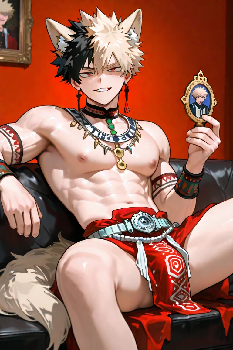 man, short purple hair, purple eyes, with bare chest, with headband with horns and reindeer ears for Christmas, Red nose, chest straps with bells, light brown pants with bells