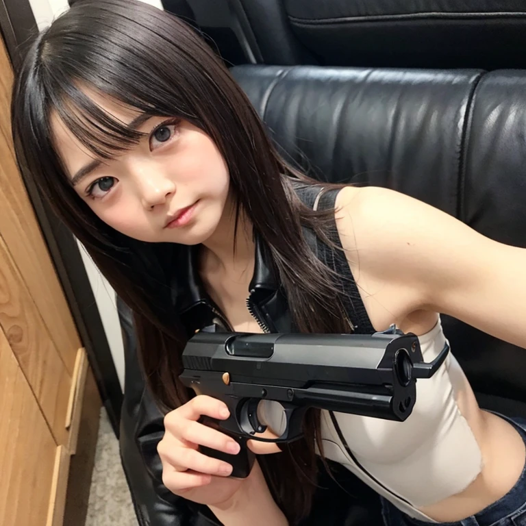 NSFW,Very sophisticated beautiful Japanese cyborg girl, She spreads her legs and shows her vagina in front of the destroyed city of Kyoto、 Bionic body with futuristic details. (A highly sophisticated cyborg with his arms folded in front of a destroyed city, Bionic body with futuristic details.)