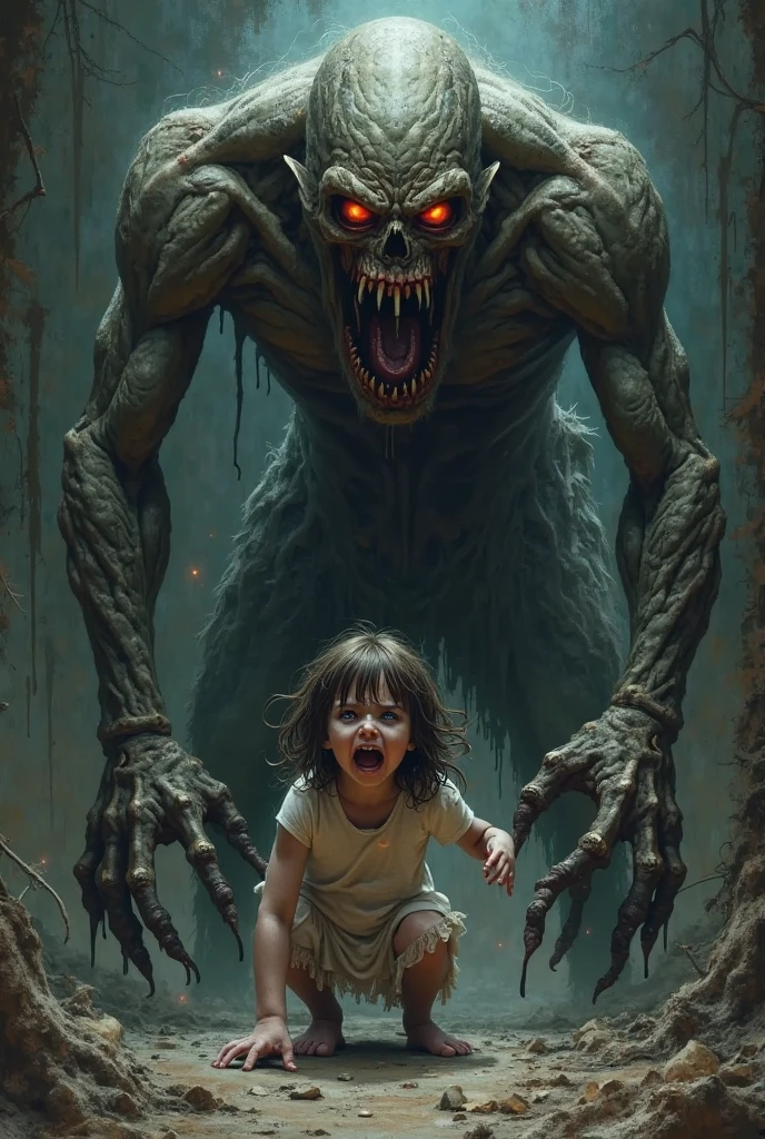 a Monster black with red eyes, he grab in your hand a very young girl , Village scenery in flames.