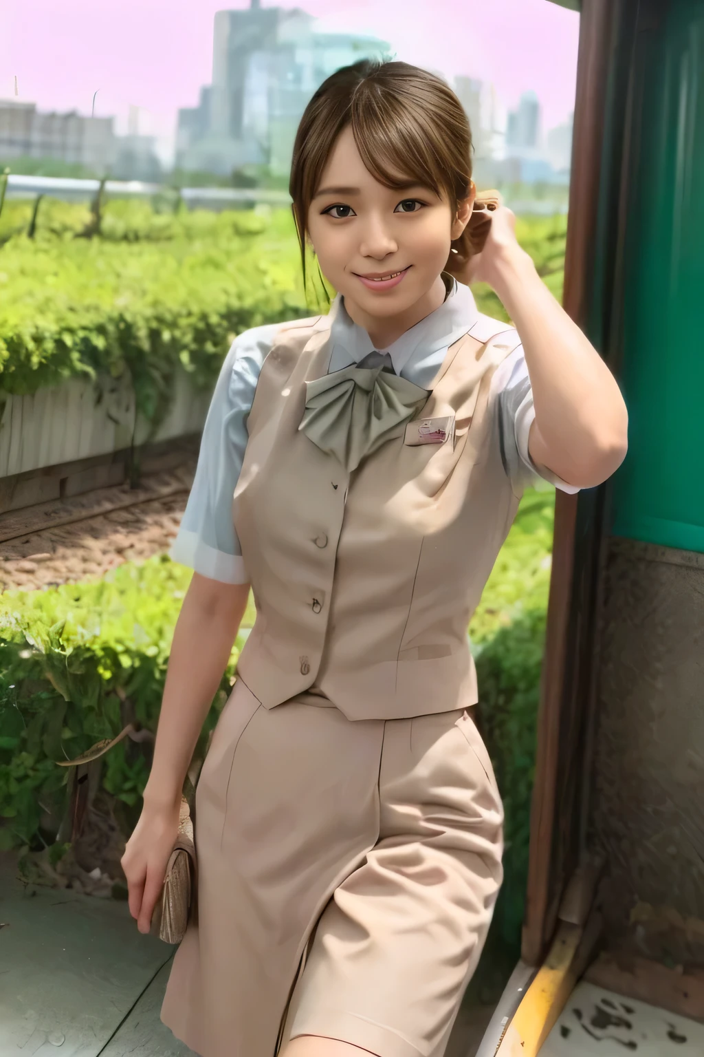 (masterpiece:1.2, Highest Quality:1.2), 32kHDR, nothing, (alone、1 girl on break day)、( daytime building rooftop 、Professional Lighting)、Building rooftop background、(JR WOMAN Train Crew Uniform Beige Real Style)、((JR Woman Train Crew Uniform Beige Light Blue Blouse Short Sleeve 、 Knee Length Culotte Skirt、 beige vest、 scarf))、Dark Brown Hair、(long hair、 hair like dots、 hair like dots)、Dark Brown Hair、 long hit 、Big Breasts、 Continue Reading 、(( amazing hand :2.0)),((A harmonious body shape:1.5)),((normal limbs:2.0)),((Don't make the:2.0)),(( watch:2.0)),((Normal eyes:2.0)))、smile、(JR Woman Train crew uniform beigeのKnee Length Culotte Skirtを見せた美しい立ち姿)、Hands crossed underneath