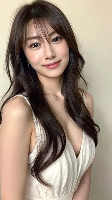 highest quality:1.3, masterpiece, Ultra-high resolution, realistic:1.3, solo:1.3, ((Clear Face)), sidelighting, cowboy shot, (looking at camera:1.3), (navy dress), standing, white background, Showcasing cleavag, arms behind back, (big busts), long hair, smile
