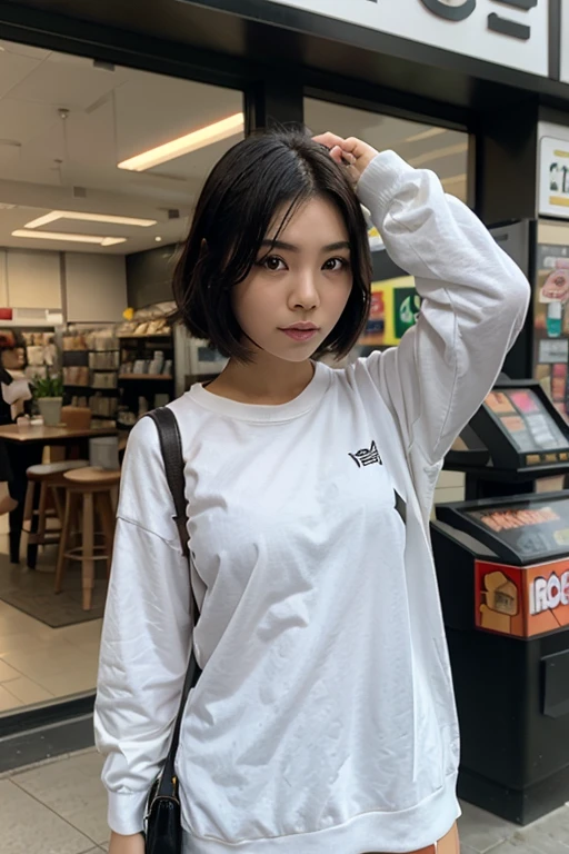 (corpo altamente detalhado, rosto altamente detalhado, melhor qualidade: 1.2), uma mulher, olhar para o espectador, (jaqueta, (fundo tokyo anoite: 1.4)Photo Studio, cabelo amarrado,colar, beijinho,corpo inteiro,sol,cabelo detalhado,olhos detalhado,pele detalhada, Buchecha rosa, detalhes,na rua,luz do dia,cabelo flutuante,corpo inteiro, sweatshirt and pants,solo, sorvete,