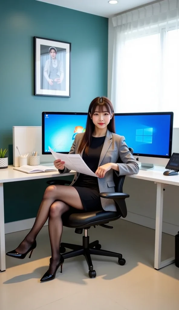 (Masterpiece), ((Best Quality)), (Masterpiece,Best Quality,offcial art,Extremely detailed CG unity 8k wallpaper), (Studio Supplies:1.3), Beauty Photography, miss，Solo,Elegant upper-class elite secretary in a business shirt,Perfect look，Double eyelid eyes，delicate makeup， working in office,wearing a strict business suit, Wearing pantyhose,Wear high-quality heels,Girl in a shirt, Wearing a suit,  huge,full bodyesbian,Wearing a suit, Wearing a suit, merchant, business outfit, wearing a black suit, Wear a shirt and skirt, Woman in a suit, business outfit，Computer Chair，Sits，Erlang Bridge，high-heel，looking up at viewer，cheerful，intricated details，Foot Focus,From below,