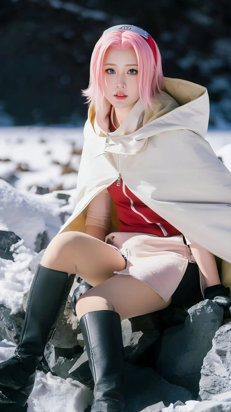Naked anime girl masturbates with her legs spread. young girl, 21 years old, With a cute face, large bright blue eyes and light smooth skin. She has pink hair, collected in a neat hairstyle, with small stray strands. The girl is dressed in a blue winter coat and a red scarf with black veins. The girl's mood is debauchery, she smiles, creating an atmosphere of excitement and friendliness.