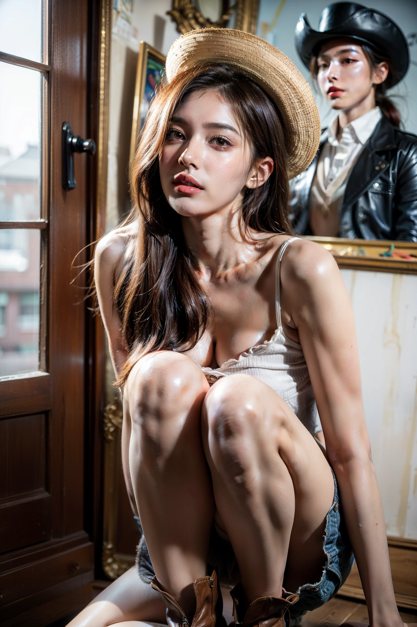 jail cell,A doomsday scene,last of us,There are handcuffs and leg irons on the floor,All kinds of torture instruments,Hands and feet tied at will,Sexy standing pose,Random white sexy lingerie and panties,Full body portrait 1.1,18 years old girls,lean and slender body,Skinny,Smaller bust,The barefoot,Leaky ,Leakage of all breasts,Naked all over the body,facing to audience,Resident Evil