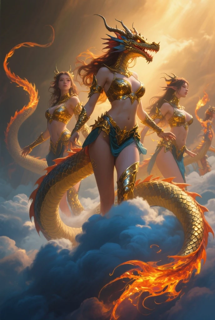 A majestic qilin with a robust body, covered in shimmering scales ranging in shades of emerald green and golden hues. Its dragon-like head features a long snout and a flowing, fiery mane in vibrant reds and oranges. Spiral horns, akin to a deer, gleam with a golden luster. Its body resembles that of a horse or deer, but with the powerful paws of a lion, ending in sharp, golden hooves. Clouds seem to billow around its legs and tail as it moves across the verdant meadow, bathed in the warm glow of the dawn light. The qilin's presence emanates a serene, divine energy.