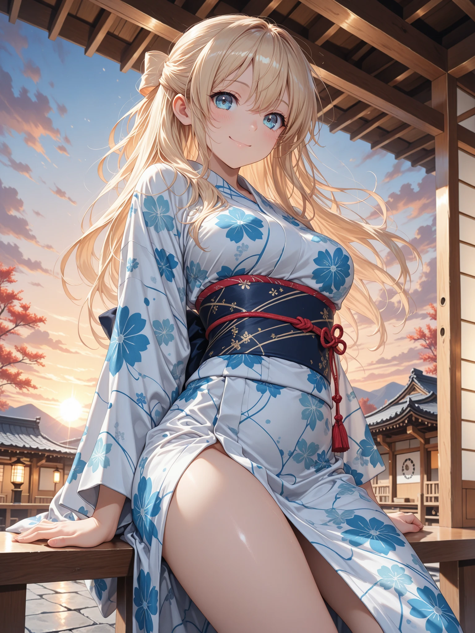 ((One woman)), Beautiful Face,Kind Face,Blushing,Glossy Lips,Abstract, Shrine at night, ((Anime style background)),masterpiece, highest quality, so beautiful, Absurd, up to date, Complex details, Pink long nails,AI-generated, Complex,High resolution, highest quality, super high quality,3D Images、View the viewers、3D Images,one person,Long Blonde Hair,(Hair with dark hairline),High Ponytail,blue eyes,Anime woman posing for a photo, [[Fine grain、Colorful eyes、Shining Eyes:1.15]],(Squint your eyes:1.1),a hyperRealistic , hyperRealistic , Realistic , Blonde anime woman with long hair, Smooth anime CG art, A woman in a colorful kimono with gold embroidery, Floral Yukata,Black kimono,Flower Hair Ornaments,Earrings,(Large Breasts:1.4),Mature Body,Exposed nipples,Sweat all over,tall,Big Ass,Fine details,Trained abdominal muscles,Tilt your face,(Leg spread)