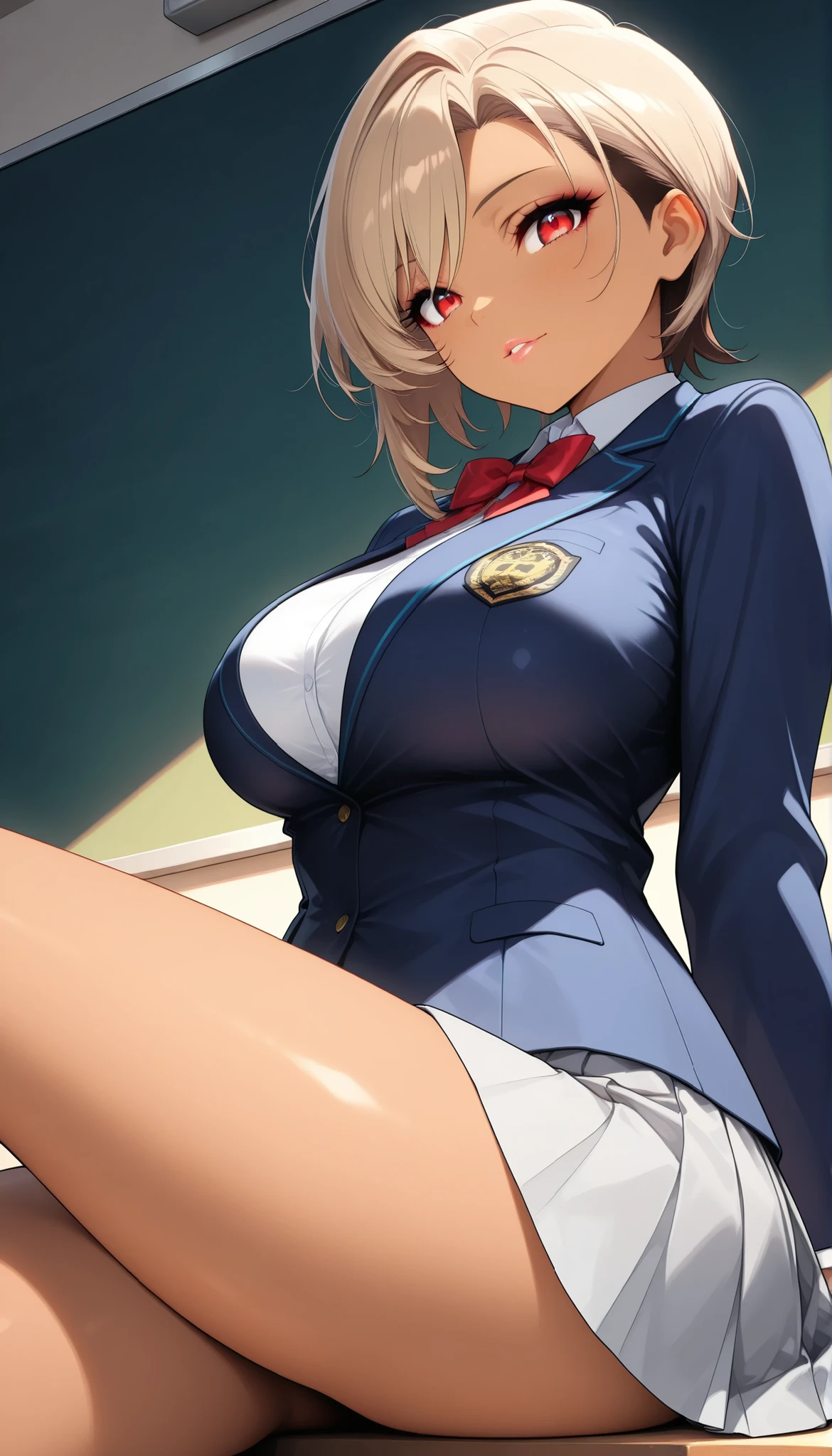 Female 1, (Mirai Edosaki, brown skin:1.6, red eyes), upward gaze, back view, sit, Butt low angle, a fluttering skirt, light brown hair, short hair, undercut, asymmetrical hair, beautiful eyes, beautiful lips, Very Detailed目と顔, long eyelashes, beautiful big breasts, (navy blue blazer, shirt, Red bowtie, grey pleated skirt, beautiful big breasts, Cowboy Shot, beautiful thighs, ((school background, blackboard)), (Highest Quality:1.2, Very Detailed, CG illustration, soft focus, masterpiece:1.2, Best Aesthetics),