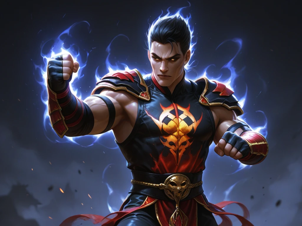 A man wearing a warrior costume, taking out knowledge in the form of lightning, spinning his whole body purple, behind a red dragon attacked him