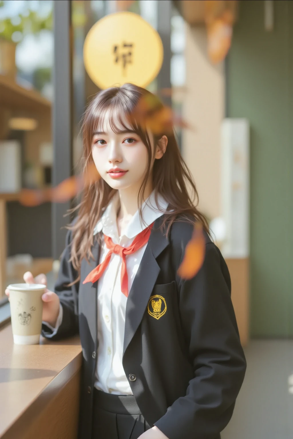 Female high school student standing inside a Japanese Doutor Coffee store,black hair,in a clean and bright store,kind smile,Clothes: White shirt,Vest with red accents,Wear a red scarf tied with a ribbon around her neck,Black knee-length skirt and black blazer,full body,simple black pumps,uniforms have a sophisticated design,The yellow logo color with the school's symbol is casually accented,The background is clean and warm、bright lighting,Clean floors and walls,Embody a friendly atmosphere,realistic and high-definition depiction in a round clay pot,in the background,Subtle Shadows, gentle and meditative atmosphere, Impressionist style, soft focus, calm colors, Low angle, very low quality, movie stills, movie stills,Movie stills, Shinkai Makifu