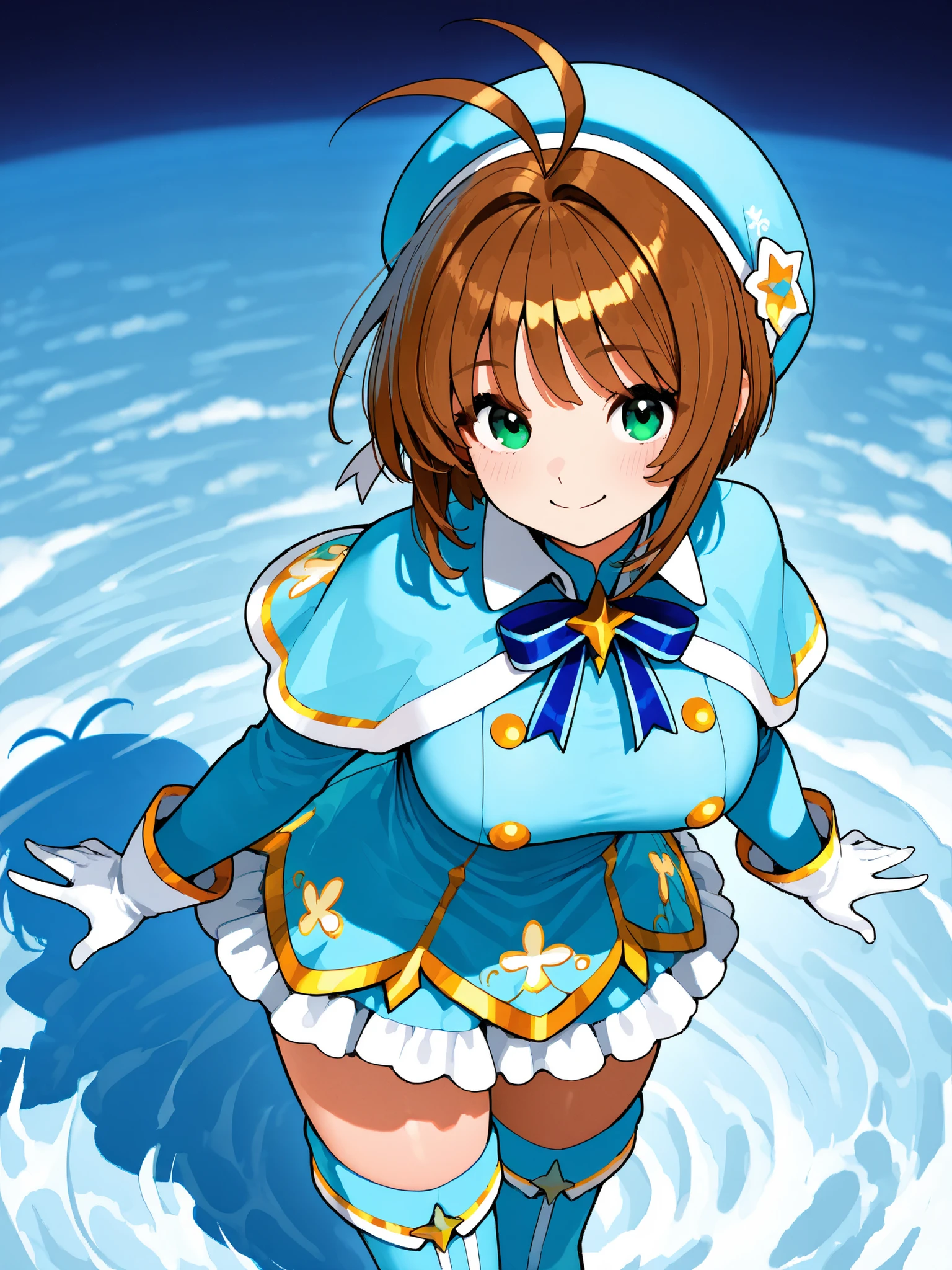 masterpiece, top quality, wacky clothes , Big Breasts、MySelfClone User's List、brown short hair, antenna hair, Bangs, stupid hair, hair intake , green eyes , Clothes 2 , gloves, light blue headwear , light blue capelets, Light Blue Dress, long sleeve, Light Blue Thigh Boots, blue stripe ribbon, super wide angle field of view depiction, Your smile is super cute,、various angle depictions