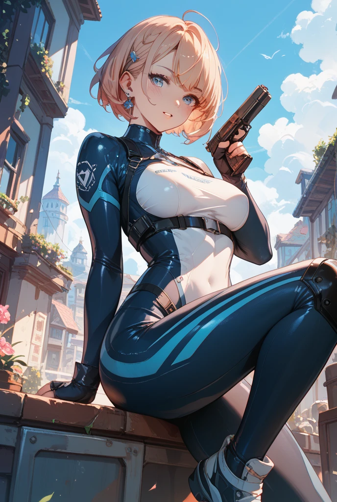 ultra-detailed, Explicit, Beautiful body, Beautiful Nose, Beautiful character design, perfect eyes, perfect face, ultra highres, 4K, beautiful legs, perfect legs, Nice hands, Perfect hand, Masterpiece, Best Quality, Highly detailed, illustration, absurdres, perfect anatomy, street fighter, doll suit, shadaloo doll, dollsuit, expressionless, blank eyes, looking at viewer, red gloves, emotionless, black latex, corruption, mind control, female combatant, full body, hypnotized, unhappy trance, full body suit, ribbed bodysuit, both arms at side, obey, perfect female body, extremely glossy latex, hypnosis, hypnoLora, empty eyes, Mind control device, poses, submissive_pose, Slave, standing straight, standing, standing at attention, hat, necktie, belt, latex, ribbed bodysuit, thigh Highs, garter belt, Fighting Stance, extending the right arm from the shoulder into the air with a straightened hand, military, thigh boots, black pantyhose, (((pixel-perfect, detail-perfect))), solo, 1girl, hair ornaments, short hair, brown hair, short brown hair, blue eye, Kozue Hiiragi, Heaven Burns Red, medium breast, eyepatch, holding scythe, scythe